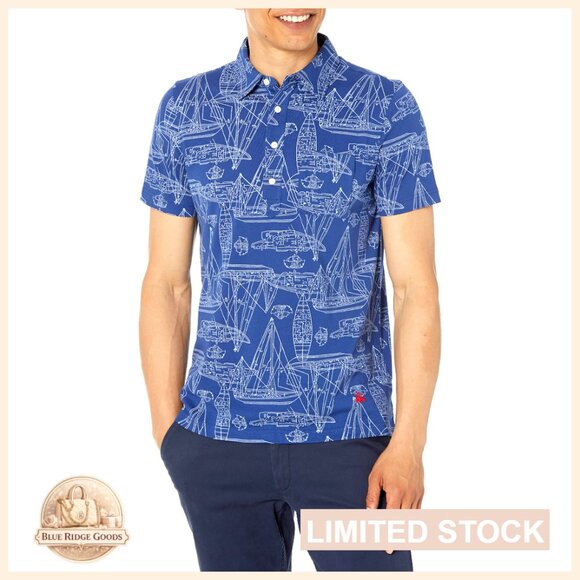 Cotton Jersey Slim Fit Polo Short Sleeve Nautical Boat Print Preppy Classic